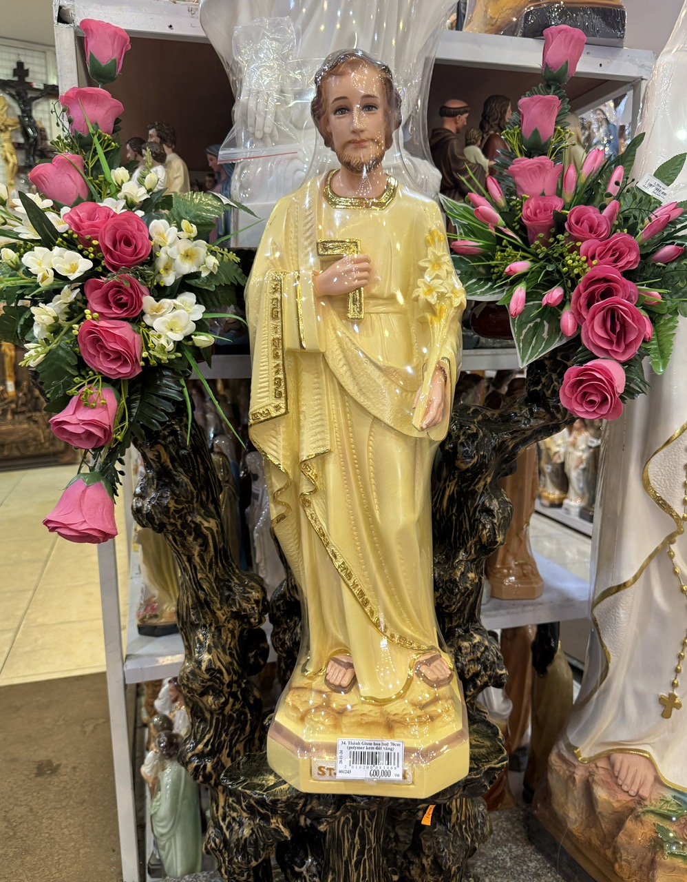 34. Thánh Giuse hoa huệ 70cm (polymer kem dát vàng)